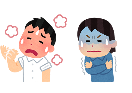 暑そうにしている男性と寒そうにしている女性のイラスト